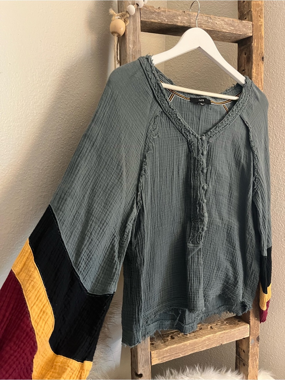 Fate Sage Green Colorblock Henley Long Sleeve Top - Picture 2 of 5